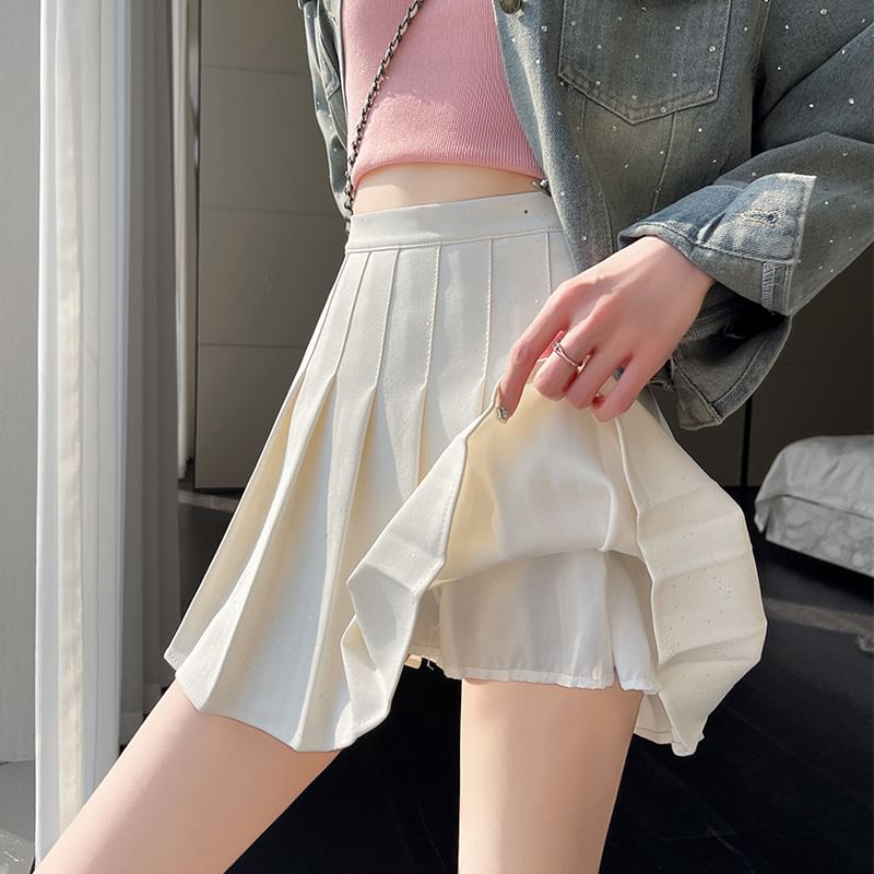 Pleated High Waist Skirt A-Line Sequin Mini
