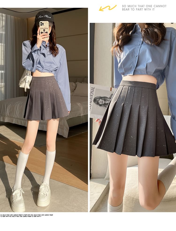 Pleated High Waist Skirt A-Line Sequin Mini
