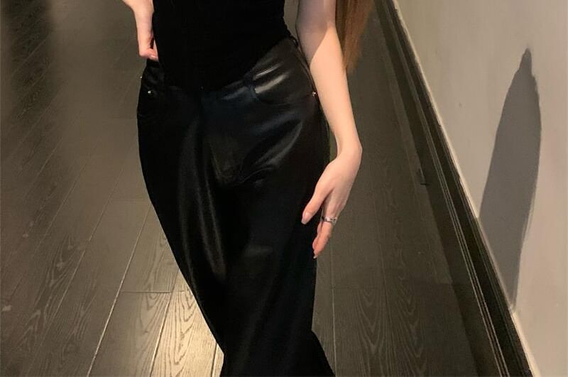 Leather Top Neck High Faux Rise Plain / Flared Square Camisole Pants