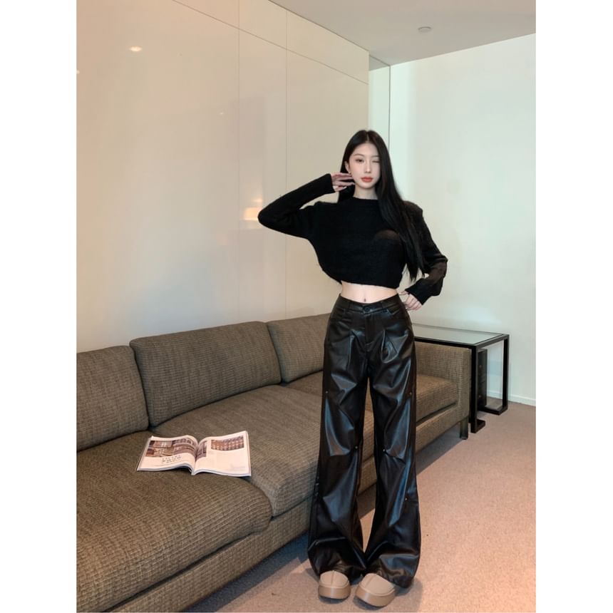 Leather Faux Crop / Long-Sleeve High Neck Pants Wide Leg Round Rise Plain Top