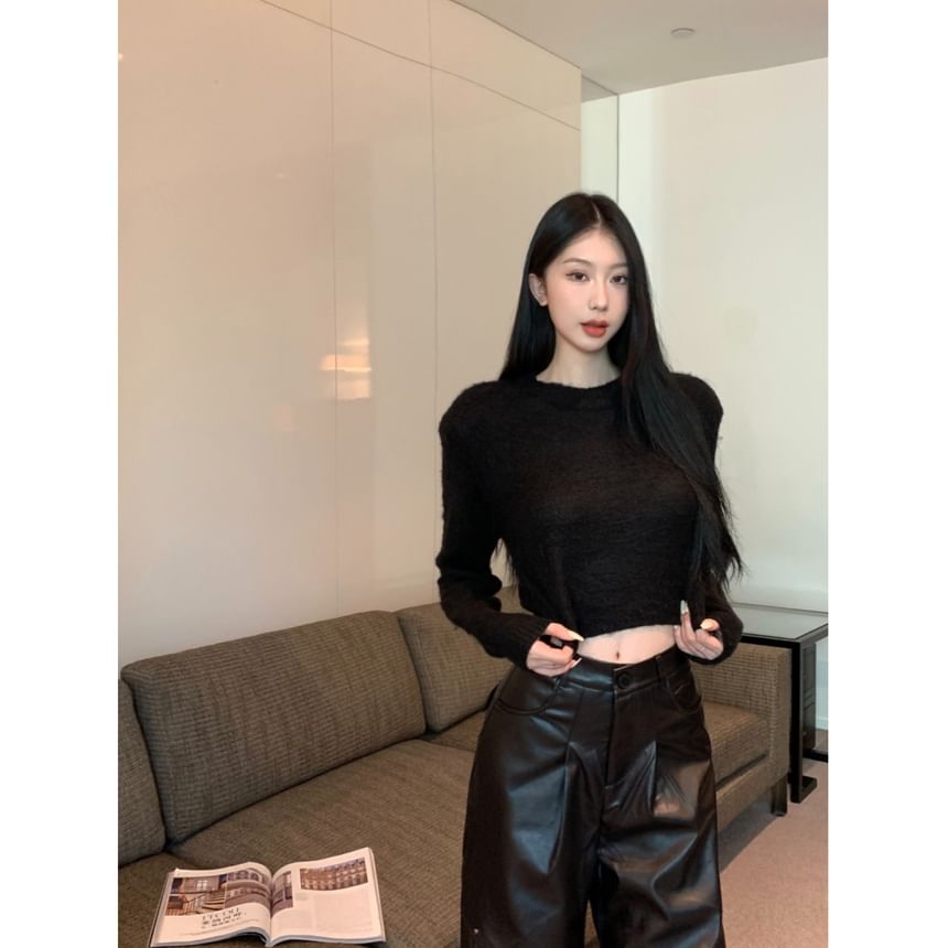 Leather Faux Crop / Long-Sleeve High Neck Pants Wide Leg Round Rise Plain Top