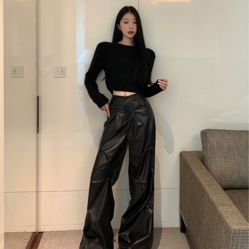 Leather Faux Crop / Long-Sleeve High Neck Pants Wide Leg Round Rise Plain Top