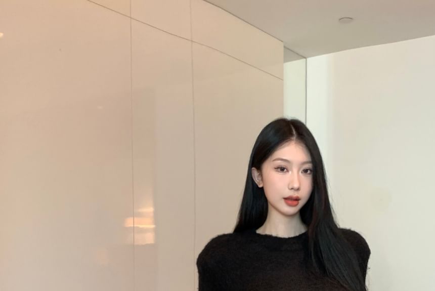 Leather Faux Crop / Long-Sleeve High Neck Pants Wide Leg Round Rise Plain Top