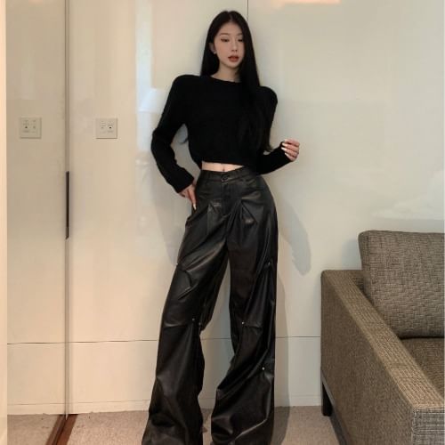 Leather Faux Crop / Long-Sleeve High Neck Pants Wide Leg Round Rise Plain Top