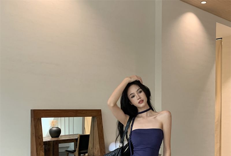 Drawstring / Waist Strapless Pants Leg Top Plain Wide Tube