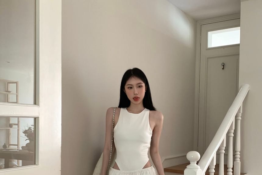 Waist / Bodysuit Neck Top Plain Round Leg Sleeveless Low Pants Ruched Wide