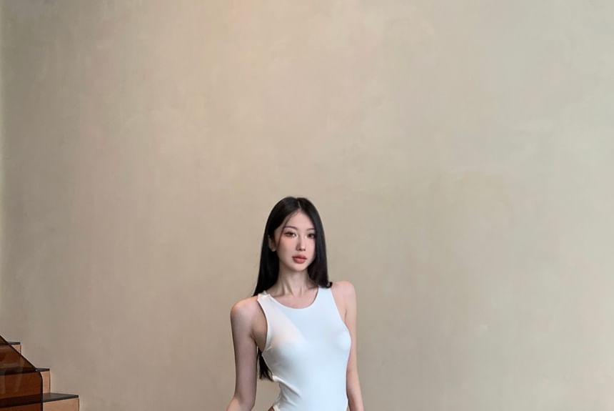 Waist / Bodysuit Neck Top Plain Round Leg Sleeveless Low Pants Ruched Wide