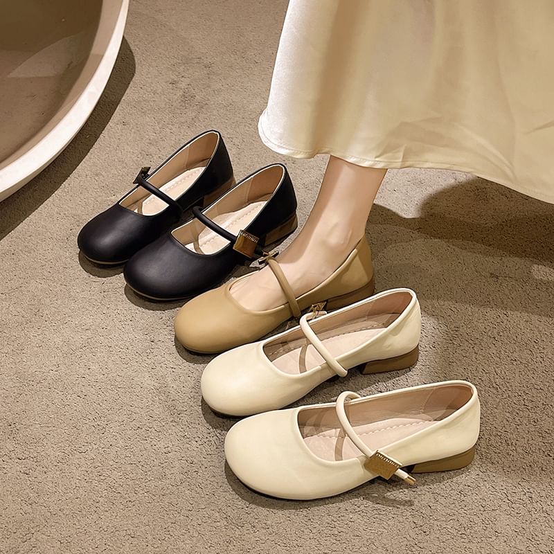 Chunky Jane Leather Faux Mary Plain Heel Shoes