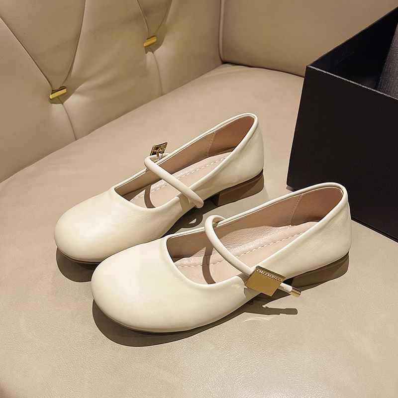 Chunky Jane Leather Faux Mary Plain Heel Shoes