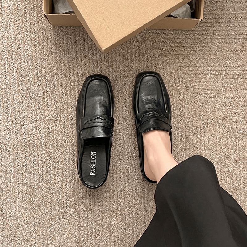 Heel Mules Faux Plain Penny Leather Loafer Chunky
