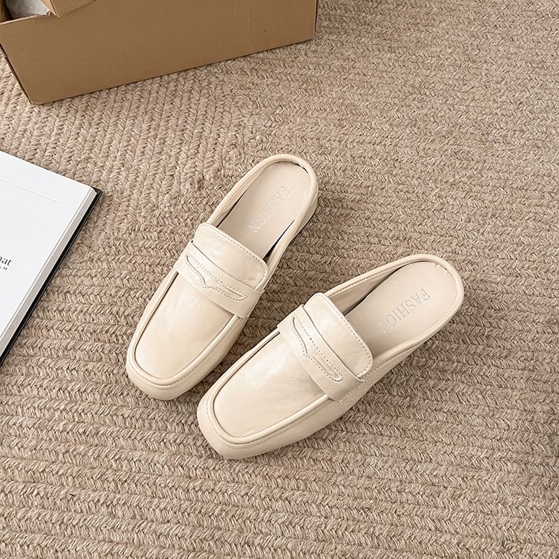 Heel Mules Faux Plain Penny Leather Loafer Chunky