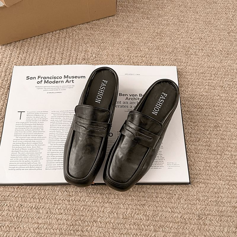Heel Mules Faux Plain Penny Leather Loafer Chunky