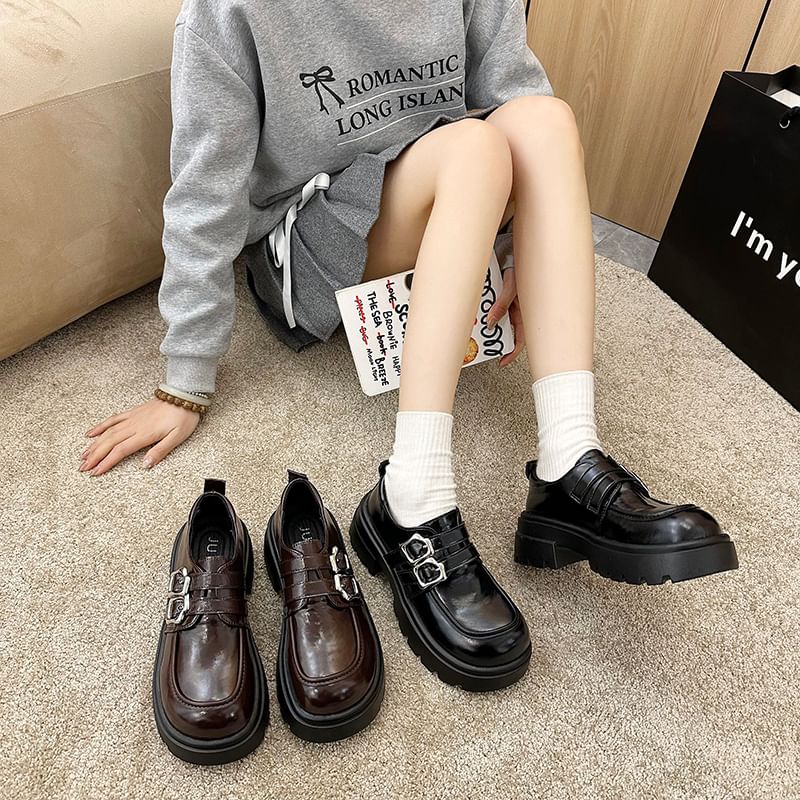 Faux Plain Platform Shoes Leather Buckled
