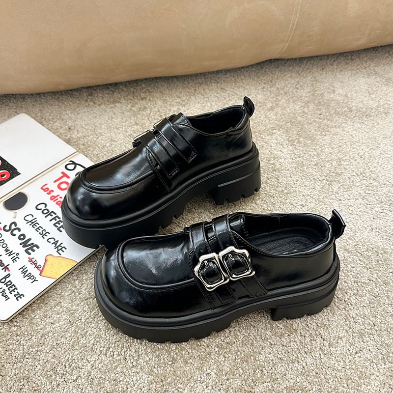 Faux Plain Platform Shoes Leather Buckled