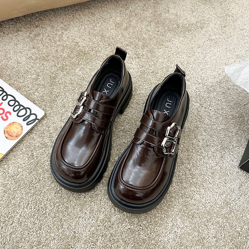 Faux Plain Platform Shoes Leather Buckled