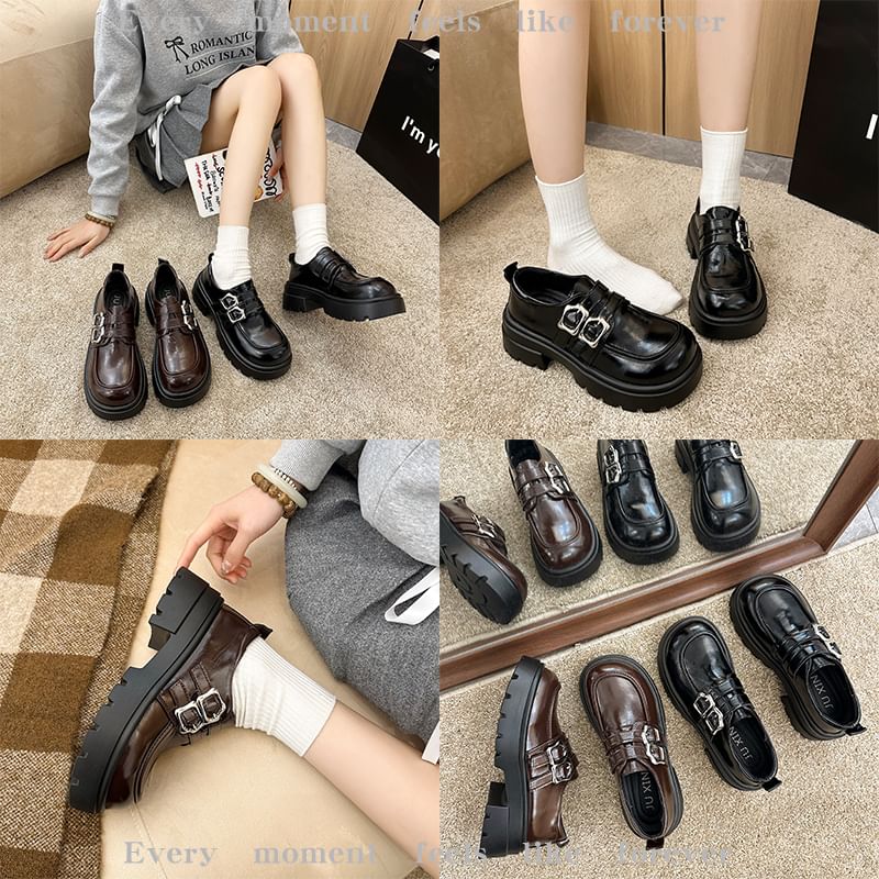 Faux Plain Platform Shoes Leather Buckled