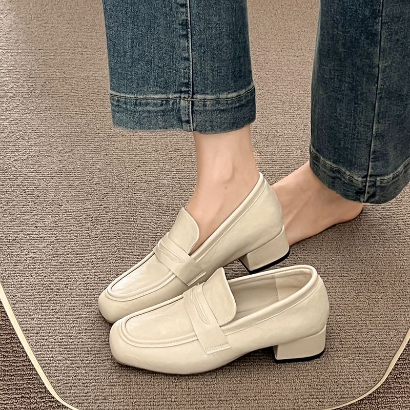 Leather Heel Plain Chunky Loafers Penny Faux