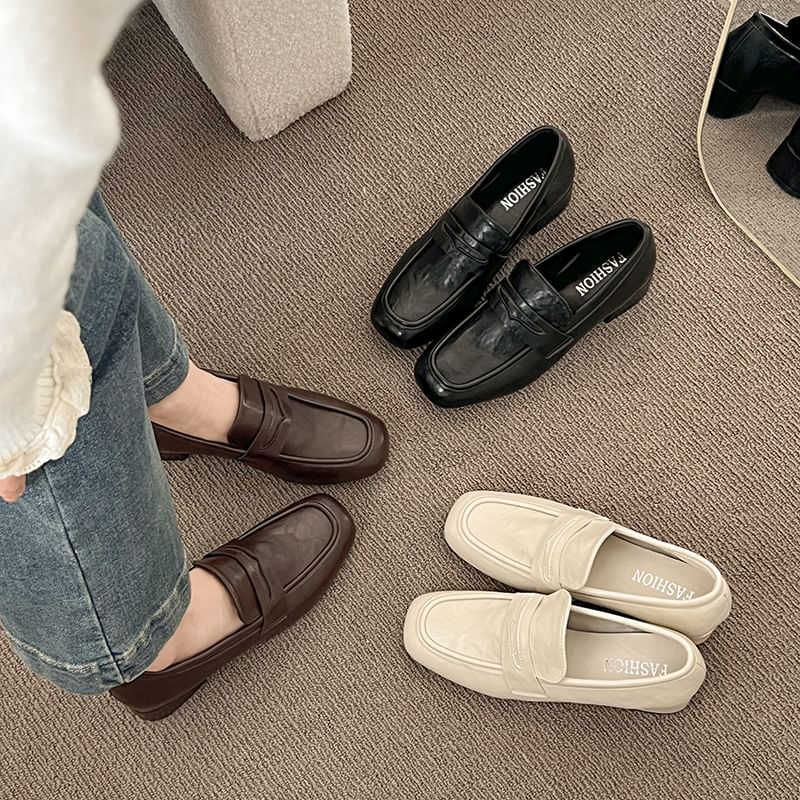 Leather Heel Plain Chunky Loafers Penny Faux