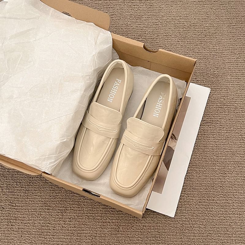 Leather Heel Plain Chunky Loafers Penny Faux