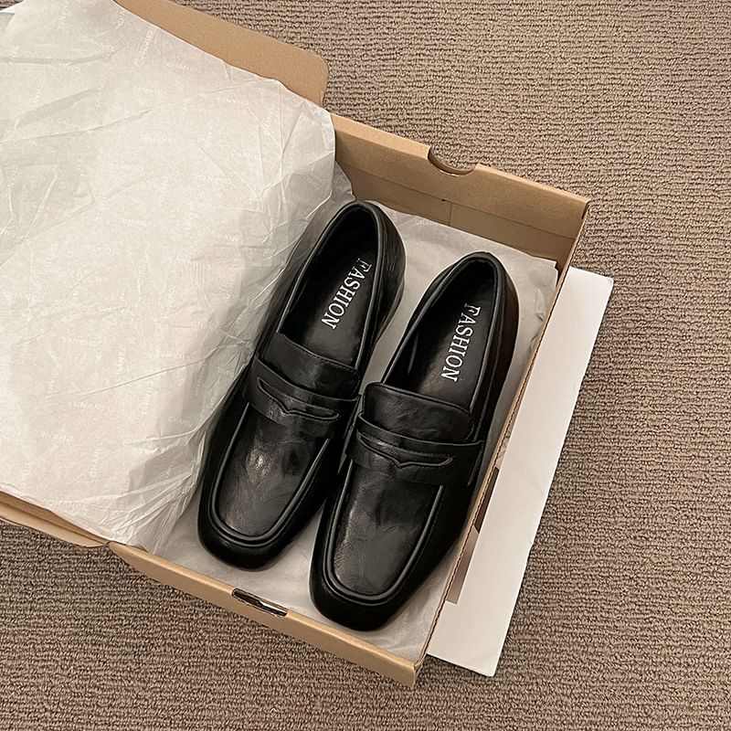 Leather Heel Plain Chunky Loafers Penny Faux