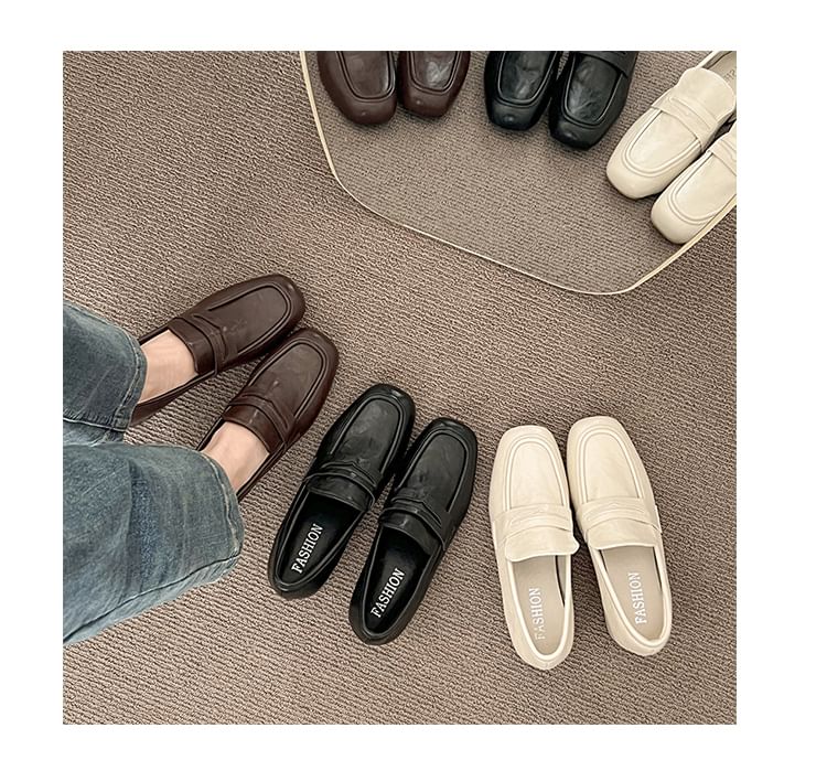Leather Heel Plain Chunky Loafers Penny Faux