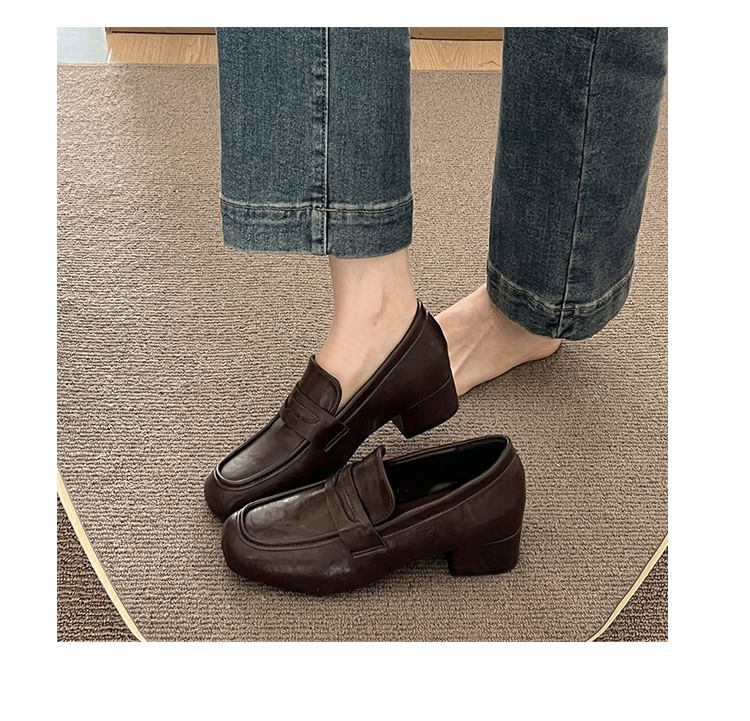 Leather Heel Plain Chunky Loafers Penny Faux