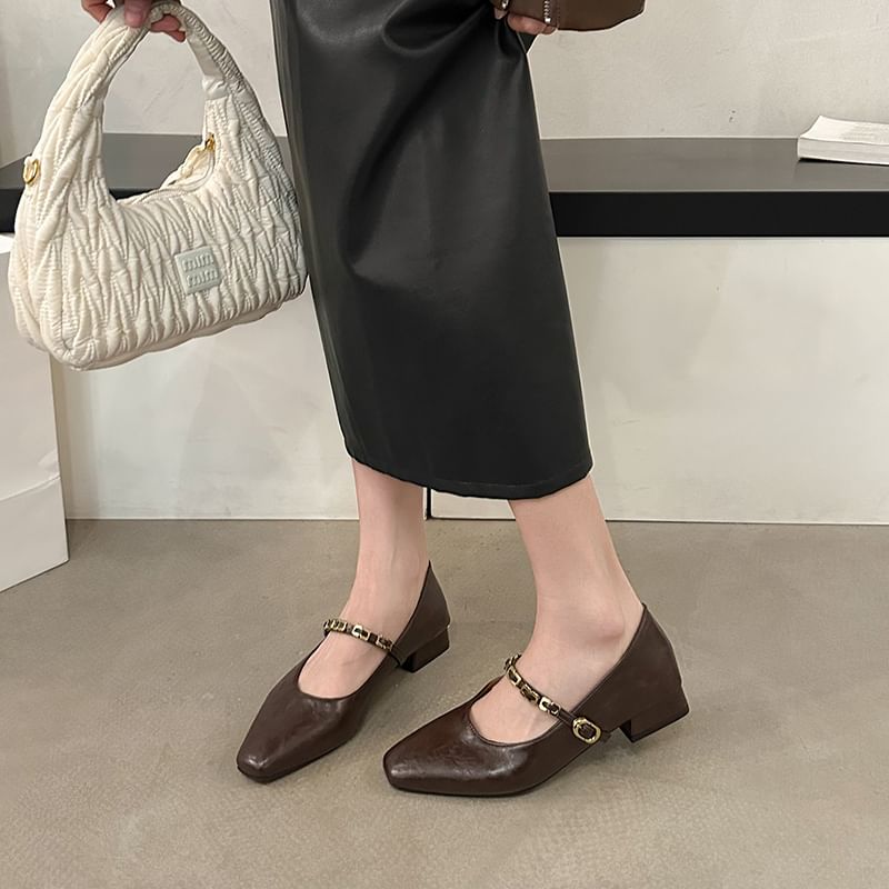 Mary Jane Leather Pumps Chunky Buckled Heel Faux