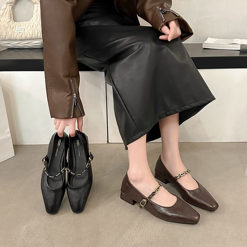 Mary Jane Leather Pumps Chunky Buckled Heel Faux