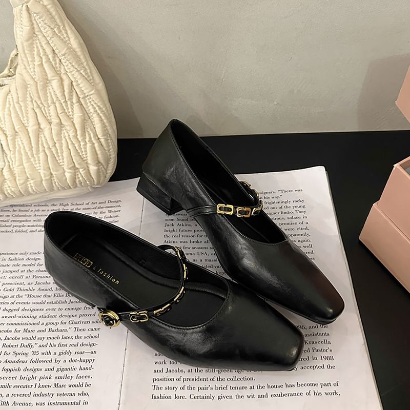 Mary Jane Leather Pumps Chunky Buckled Heel Faux