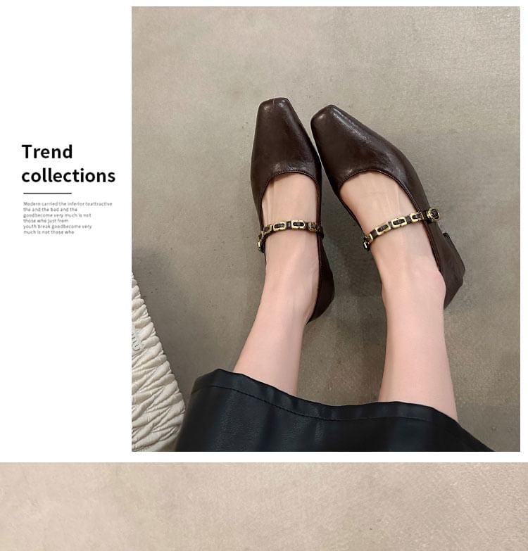 Mary Jane Leather Pumps Chunky Buckled Heel Faux