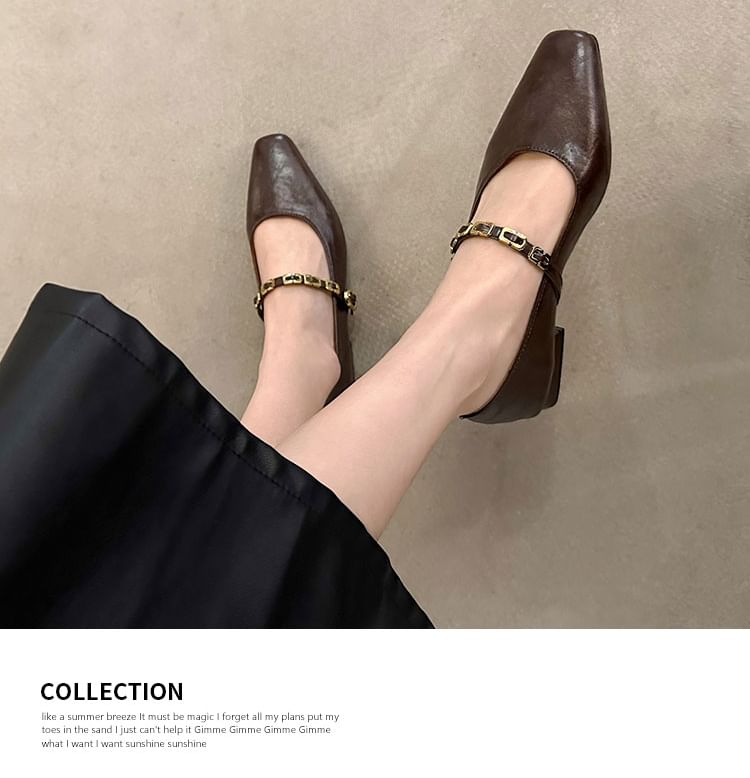 Mary Jane Leather Pumps Chunky Buckled Heel Faux