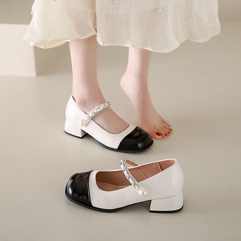 Accent Cap Toe Pearl Mary Faux Pumps Heel Chunky Jane