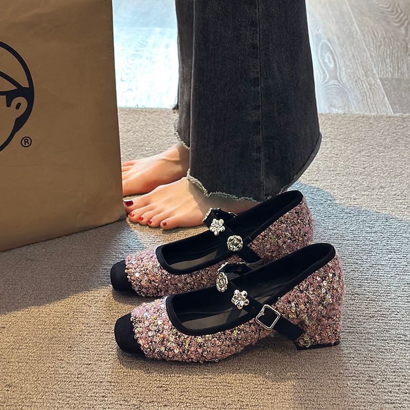 Pumps Metal Heel Sequin Jane Chunky Accent Mary