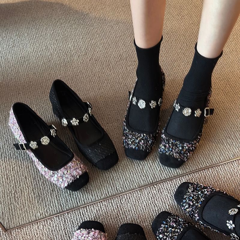 Pumps Metal Heel Sequin Jane Chunky Accent Mary