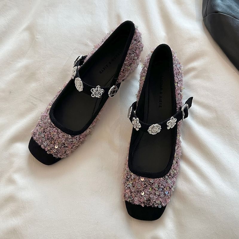 Pumps Metal Heel Sequin Jane Chunky Accent Mary