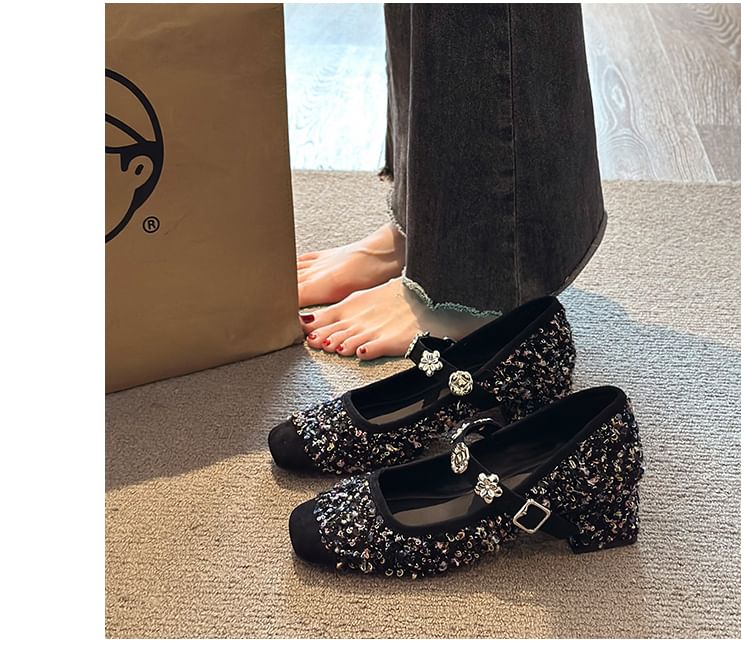 Pumps Metal Heel Sequin Jane Chunky Accent Mary