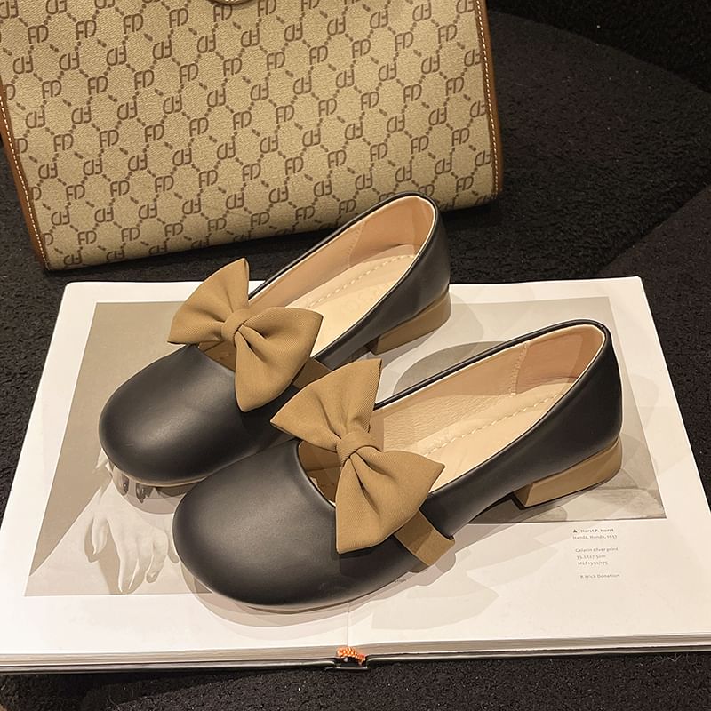Leather Faux Tone Two Jane Heel Mary Accent Bow Shoes Low
