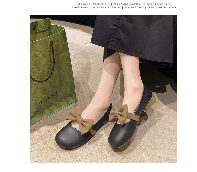 Leather Faux Tone Two Jane Heel Mary Accent Bow Shoes Low