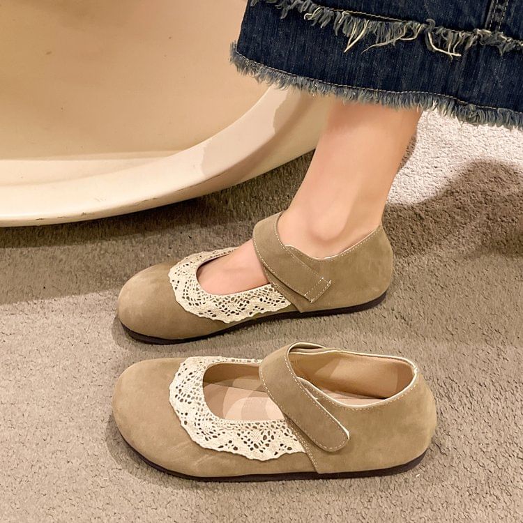 Trim Toe Lace Round Jane Flats Mary