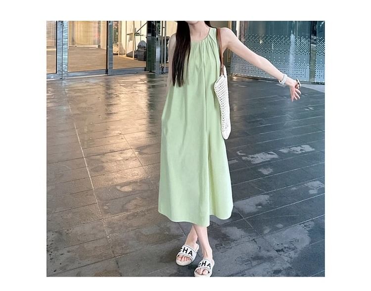 Dress Round Plain Sleeveless Neck Midi A-Line Pleated