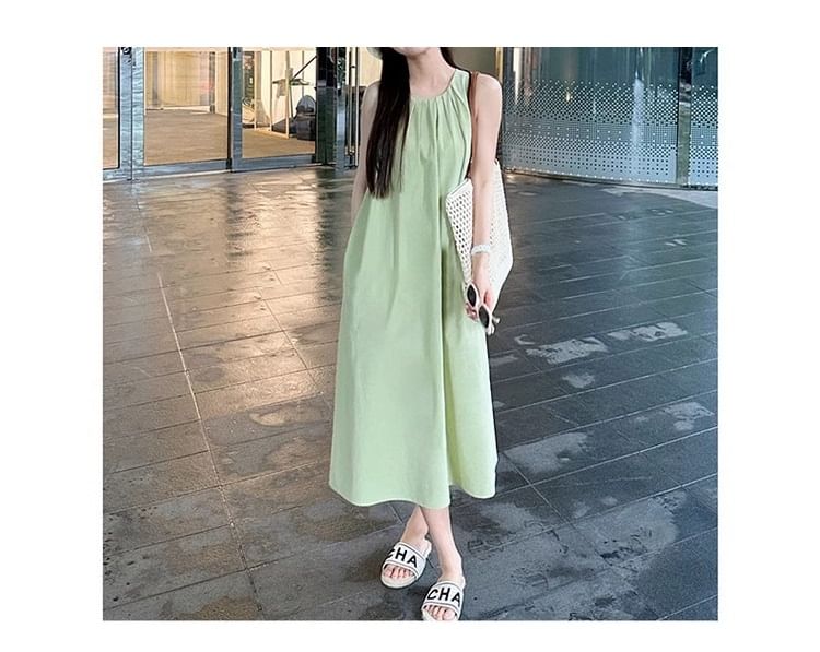 Dress Round Plain Sleeveless Neck Midi A-Line Pleated