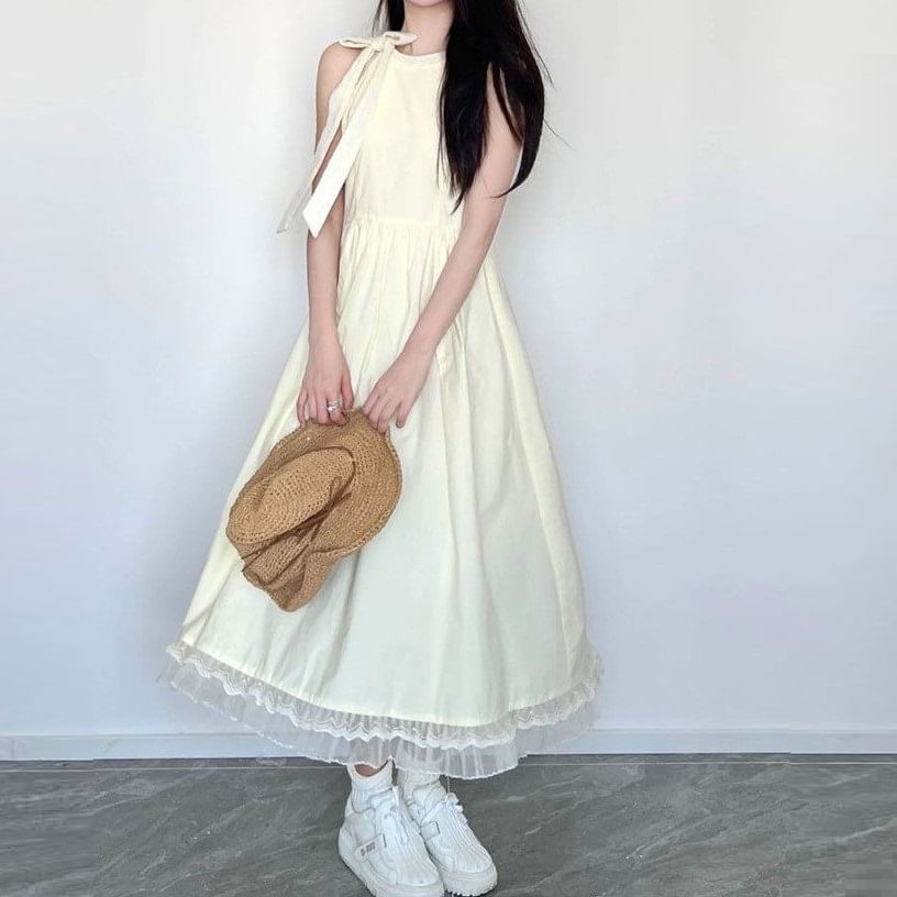 Round Dress Mesh Plain Panel Bow Sleeveless Maxi A-Line Neck