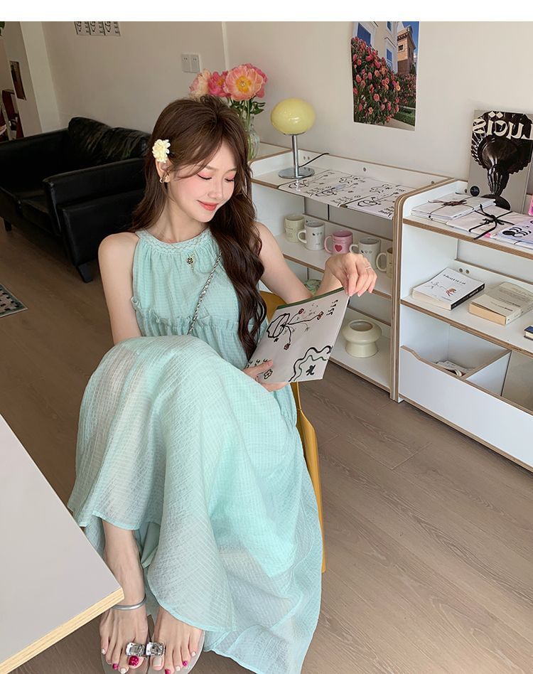 Plain A-Line Dress Neck Round Panel Midi Sleeveless