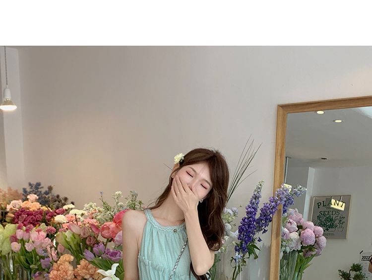 Plain A-Line Dress Neck Round Panel Midi Sleeveless