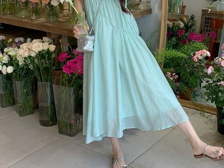 Plain A-Line Dress Neck Round Panel Midi Sleeveless