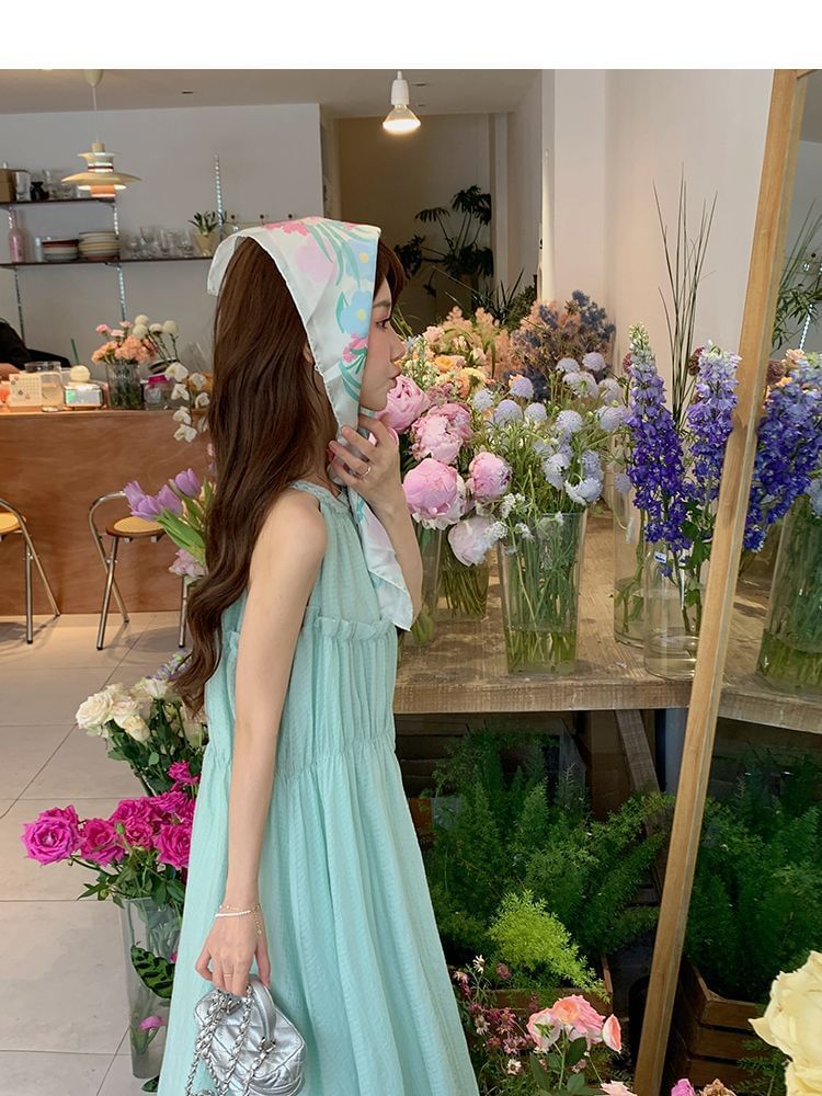 Plain A-Line Dress Neck Round Panel Midi Sleeveless