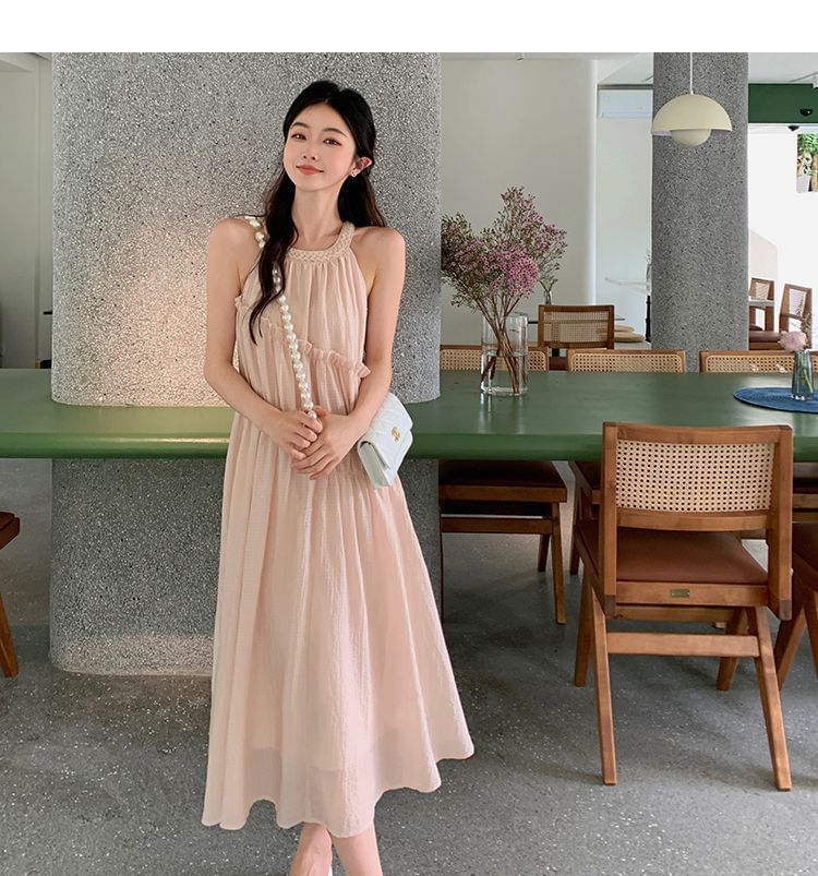 Plain A-Line Dress Neck Round Panel Midi Sleeveless