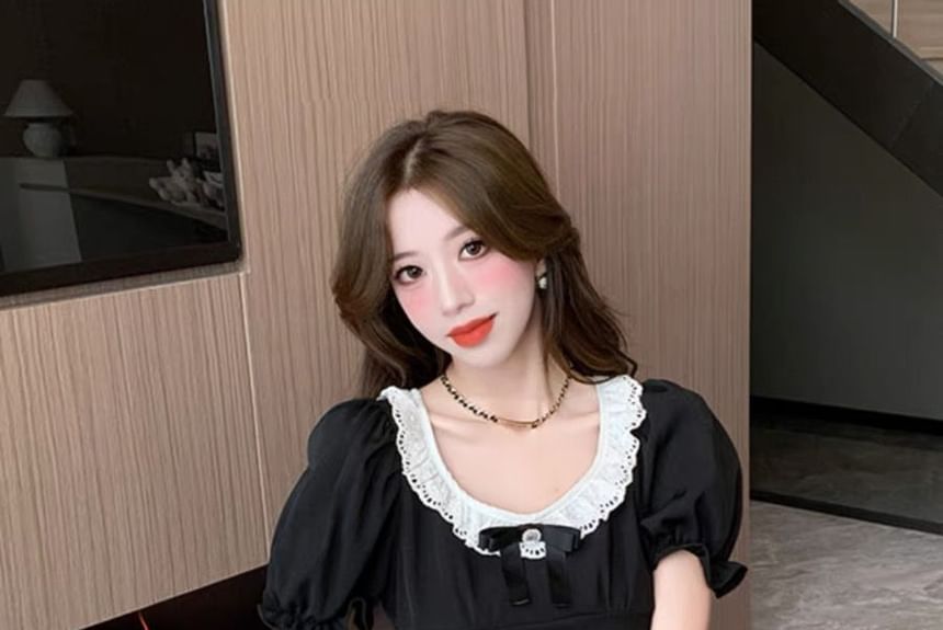 A-Line Ruffle Puff Sleeve Bow Dress Round Mini Neck