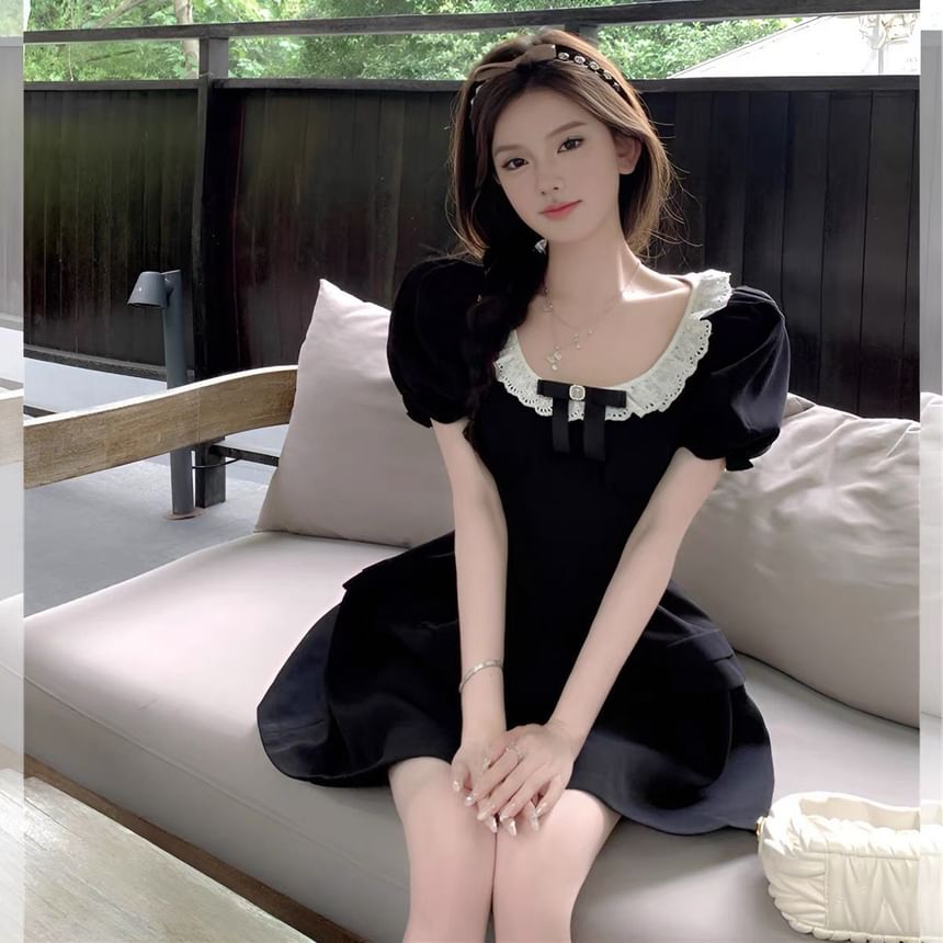 A-Line Ruffle Puff Sleeve Bow Dress Round Mini Neck
