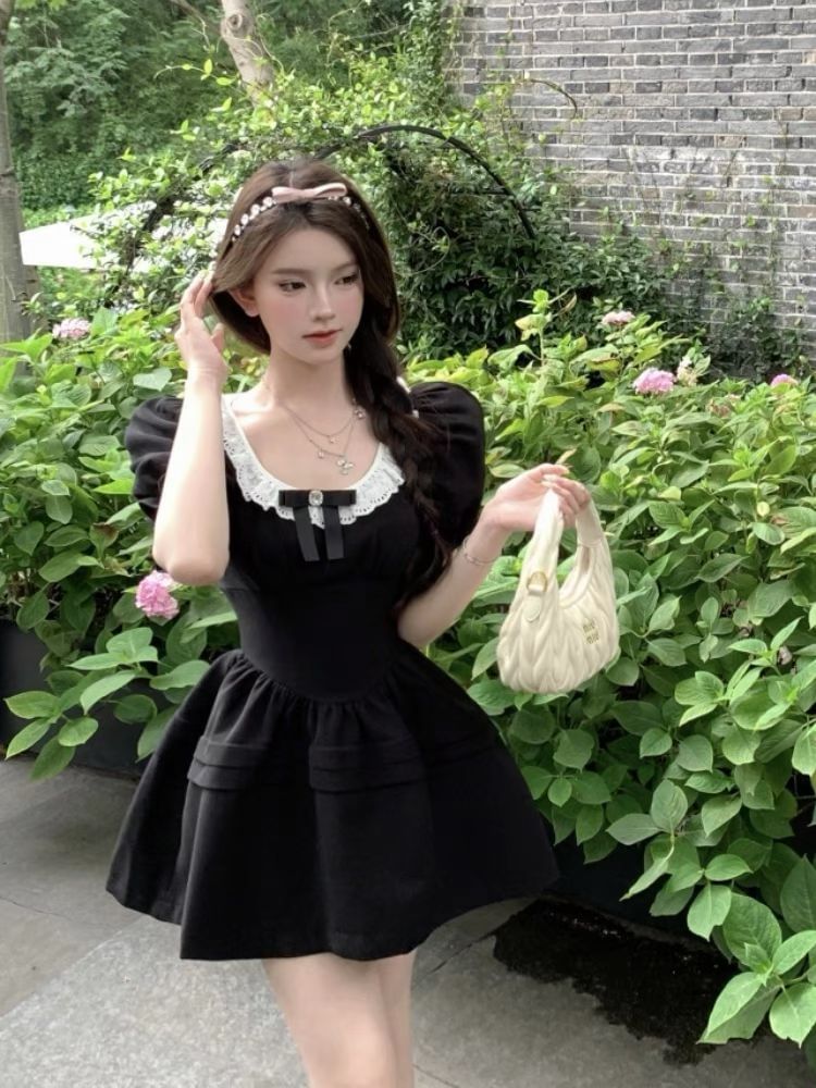 A-Line Ruffle Puff Sleeve Bow Dress Round Mini Neck